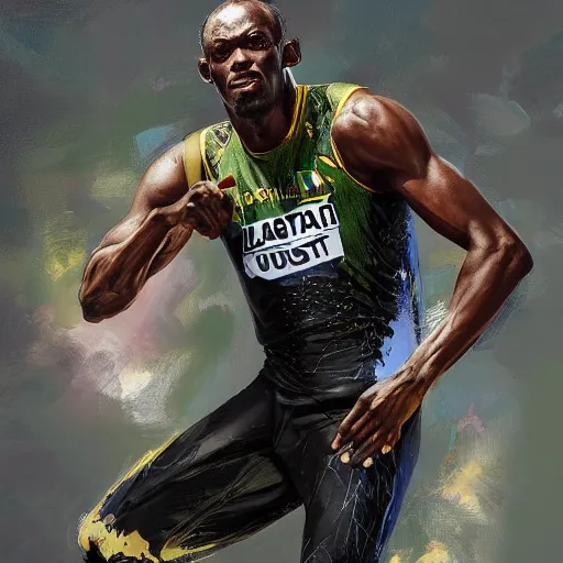 Image similar to a professionally painted portrait of Usain Bolt, clothed in military armor, intricate, elegant, digital painting, trending on Artstation, concept art, smooth, sharp focus, illustration, from Metal Gear by Ruan Jia and Mandy Jurgens and Artgerm and William-Adolphe Bouguerea, award winning