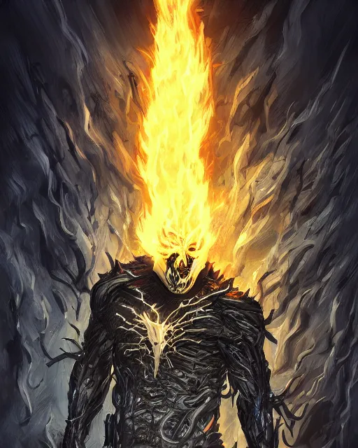 Image similar to ghost rider symbiote, dynamic lighting, fantasy concept art, trending on art station, stunning visuals, creative, cinematic, ultra detailed, comic strip style