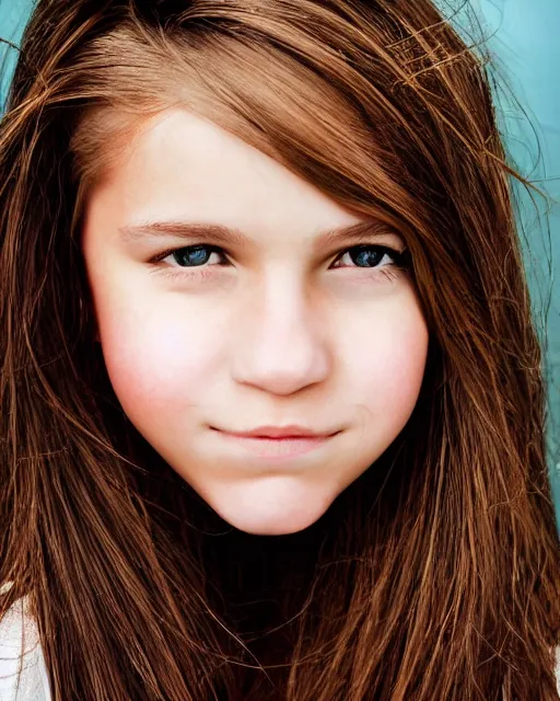 Prompt: photo portrait 1 5 - year old girl with lush brown hair, hermione, large front teeth, and bright piercing brown eyes, hyper realistic face, beautiful eyes, by mario testino