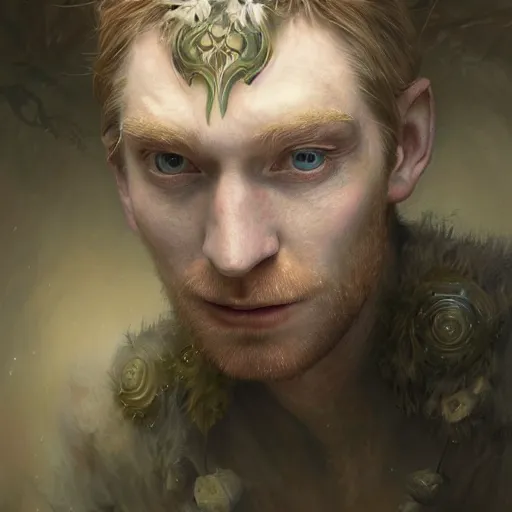 Image similar to closeup portrait shot of domhnall gleeson as puck, robin goodfellow, pooka, fairy wings, highly detailed, digital painting, artstation, concept art, soft focus, depth of field, artgerm, tomasz alen kopera, peter mohrbacher, donato giancola, wlop, boris vallejo