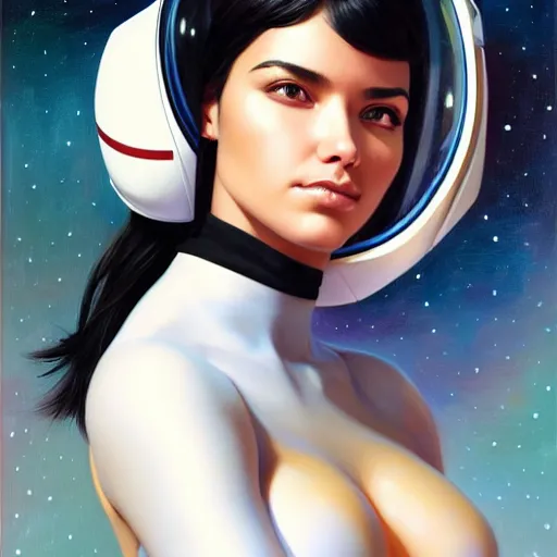 Image similar to a portrait of a very beautiful woman in a spacesuit, Alexandria\'s genesis, shoulder-length black hair, bored, illustration, soft lighting, soft details, painting oil on canvas by mark arian by artgerm, trending on artstation, 4k, 8k, HD