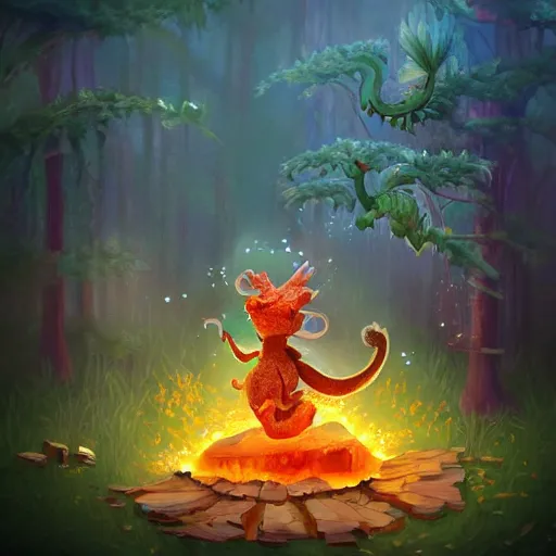 Prompt: image of a little cute dragon in a fantasy forest spitting honey instead of fire, digital art, trending on artstation