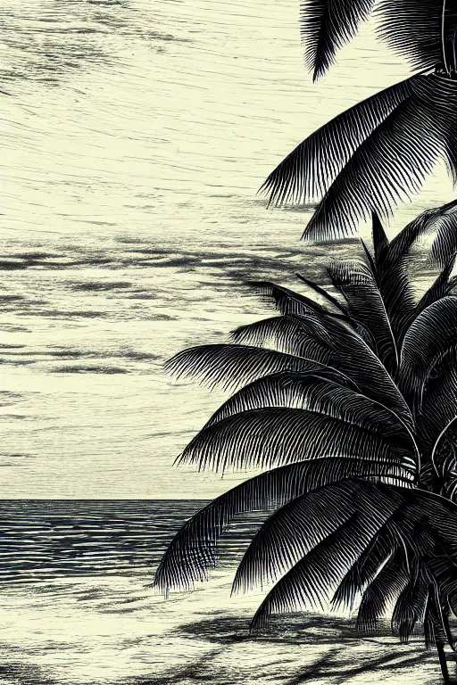 Prompt: a beautiful wood engraving on paper of a beach with coconut palms 8 k, frostbite 3 engine, cryengine, dof, trending on artstation, digital art, crepuscular ray