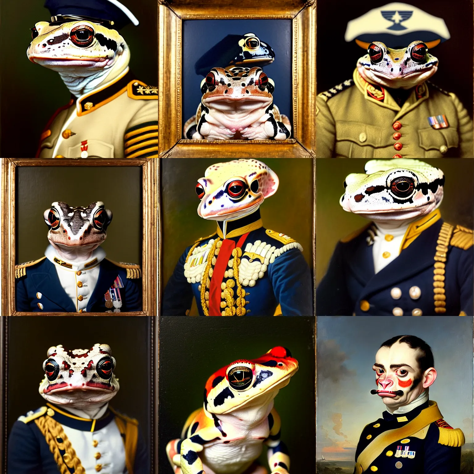 Prompt: a head - and - shoulders portrait of an amazon milk frog wearing a navy colonial military uniform, an american romanticism painting, oil on canvas, cgsociety, soft focus