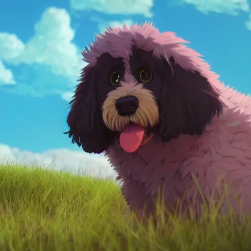 Prompt: a wholesome animation key shot of a bernedoodle on a hill, fluffy pink anime clouds, studio ghibli, pixar animation, sharp, rendered in unreal engine 5, anime key art, bloom, dramatic lighting