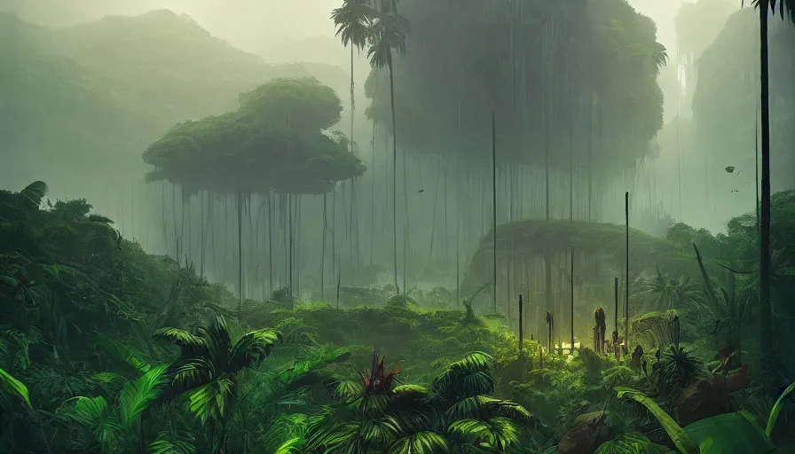 Image similar to tropical jungle, wall wood fortress, an epic fantasy, dramatic lighting, cinematic, establishing shot, extremely high detail, photorealistic, cinematic lighting, artstation, matte painting, by simon stalenhag, shadow of the tomb rider