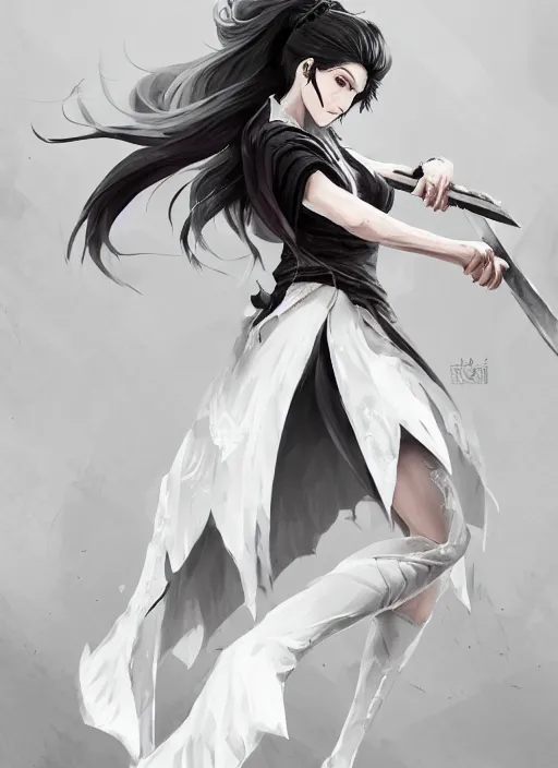 Image similar to a highly detailed illustration of fierce messy ponytail black haired one armed delinquent woman wearing long white tokkoufuku cape, dramatic wielding paper sword pose, intricate, elegant, highly detailed, centered, digital painting, artstation, concept art, smooth, sharp focus, league of legends concept art, wlop.