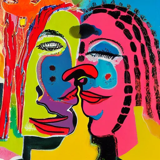 Image similar to acrylic painting of two bizarre psychedelic women kissing in japan in spring, speculative evolution, mixed media collage by basquiat and jackson pollock, maximalist magazine collage art, sapphic art, psychedelic illustration