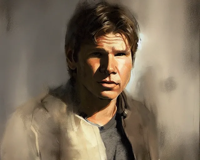 Image similar to portrait of young han solo young harrison ford in shades of grey but with brown by jeremy mann