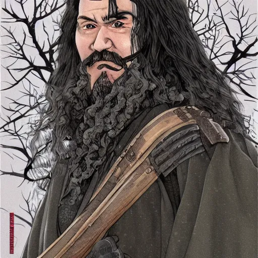 Prompt: detailed portrait of hagrid samurai with swords and steampunk rifles, in snow forest sakura cherry blossom, hakama kimono, trending on artstation elite, elegant, luxury, by krenz cushart, junji ito, takato yamamoto, perfect face, fine details, realistic shaded, fine - face, pretty face