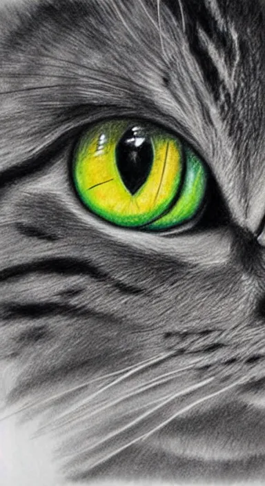 Image similar to highly detailed realistic pencil sketch portrait of a beautiful cat with big green eyes in front of the universe