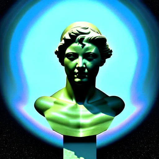 Image similar to 3 d sci - fi cgartist rendering of a hyper realistic marble greek statuary bust floating at the vast pulsating interdimensional fractal space portal at the psychedelic vaporwave event horizon directed by col price, trending on artstation