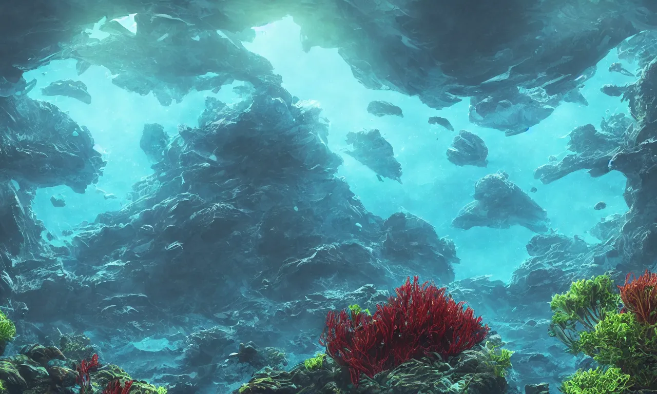 Prompt: Alien world underwater on the ocean bed, deep blue water color, cinematic perspective, slight green and red plant life around, alien fish swimming in the background, matte painting, Artstation, Thalassophobia