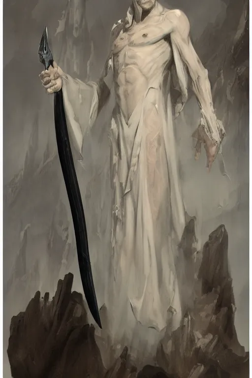 Image similar to fantasy painting of a pale man dressed in robes with a black blade, painted by Bayard Wu, ultra detailed, 8k