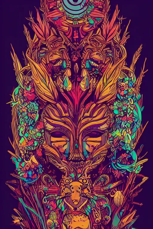 Image similar to animal mask totem roots flower tribal feather gemstone plant wood rock shaman vodoo video game vector cutout illustration vivid multicolor borderlands comics by josan gonzales and dan mumford radiating a glowing aura