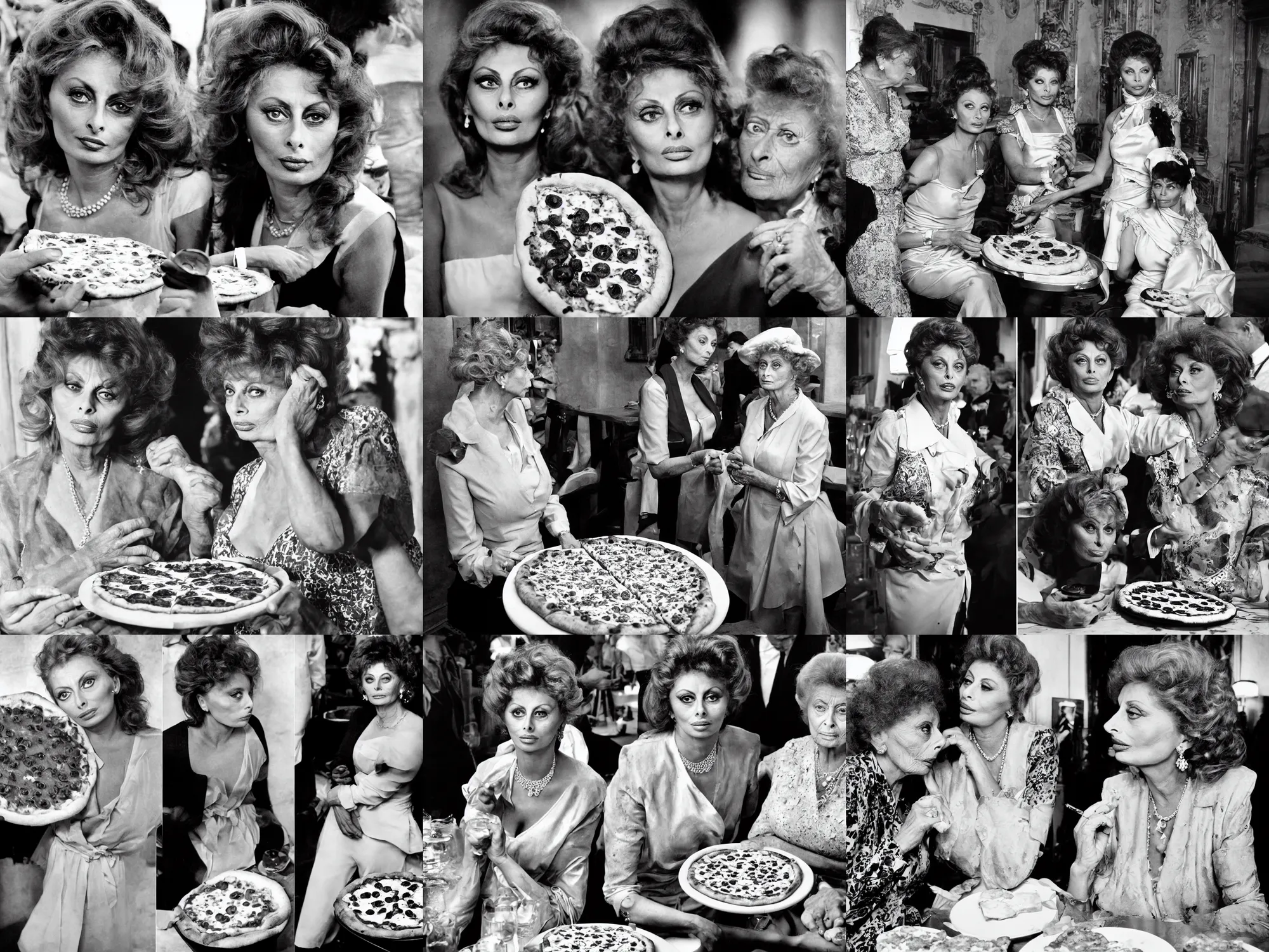Prompt: posing with a pizza margherita, young poor sophia loren meets old royal queen margherita of savoy, contrasting lives, beautiful, stunning, smooth lighting, exquisit detail, masterpiece, timeless, rare historical photo by letizia battaglia