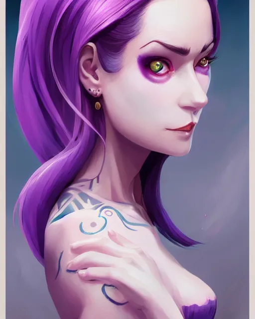 Image similar to beautiful female purple hair tattoo symmetrical happy face stunning eyes full length fantasy art icon, 2d art cover , official fanart behance hd artstation by Jesper Ejsing, by RHADS, Makoto Shinkai and Lois van baarle, ilya kuvshinov, rossdraws