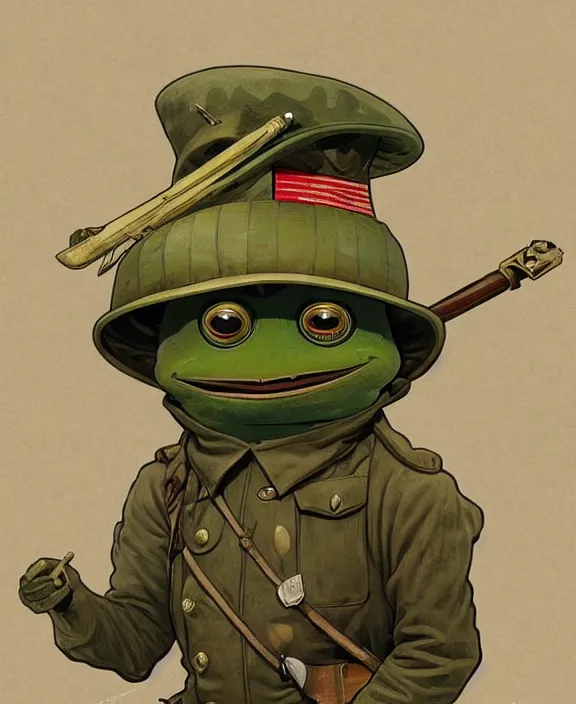 Image similar to Pepe the Frog in WW1 military uniform, Safari khaki, pith helmet, Schutztruppe, German Empire, WW1, Tooth Wu Artgerm Greg Rutkowski Alphonse Mucha Beeple