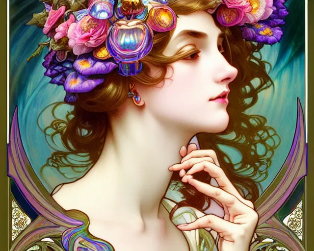 Prompt: overlord, rococo and art nouveau fusion, iridescent diaphanous refractive and reflective flower bouquet, tarot card, highly detailed, deep focus, elegant, digital painting, smooth, sharp focus, illustration, ultra realistic, 8 k, art by artgerm and alphonse mucha