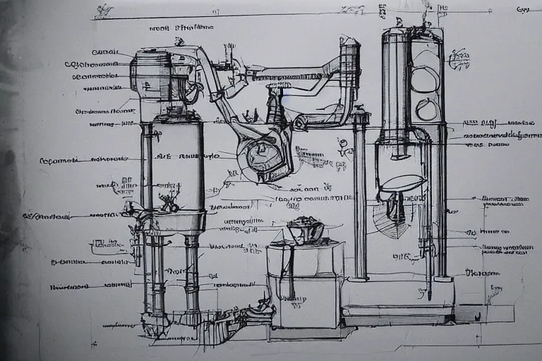 Prompt: concept sketch of a new machine which creates people out of liquid, new invention, technical drawing