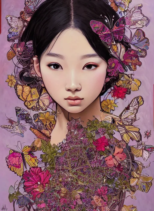 Prompt: !!!!! very coherent!!!!! oil painting, beautiful floralpunk chiang rai cyborg portrait girl female illustration detailed patterns art of thai traditional dress, butterfly pop art, floral splash painting, butterfly, art by ashley wood, alphonse mucha, makoto shinkai, geof darrow, dark shadow