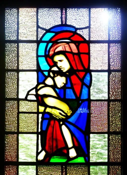 Prompt: beautiful modern stained glass window showing a mother and her little child.