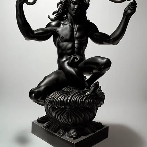 Image similar to a dramatic scene of a medusa statue sculpted in carved ebony by Bernini
