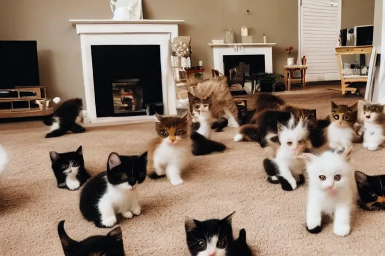 Image similar to a living room full of cute kittens