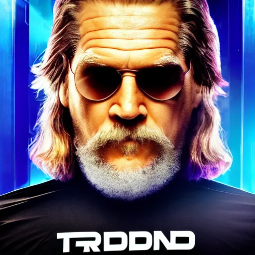 Image similar to jeff bridges as the dude lebowski in tron realm, photorealistic movie still, detailed 8 k, poster style, high resolution