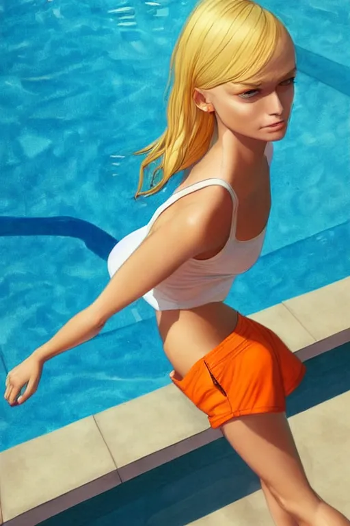 Prompt: a beautiful woman with hip-length blonde hair, wearing a cut-off white top and short light orange cut-off shorts, stands by a swimming pool, in the style of artgerm and moebius and annie liebovitz, photorealistic, highly detailed, trending on artstation