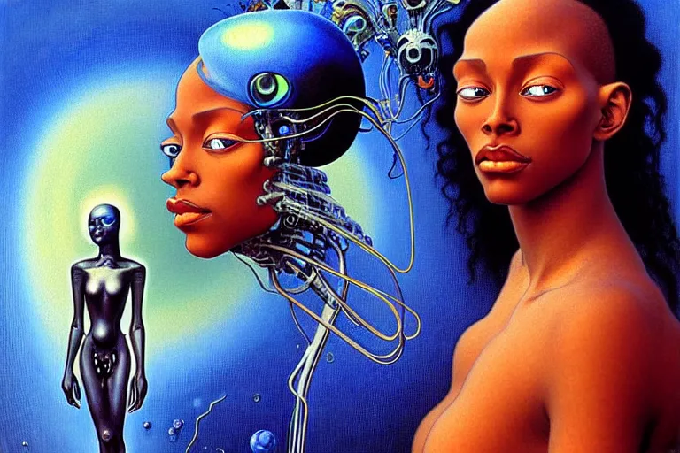 Prompt: realistic extremely detailed portrait painting of a beautiful black woman with a robot, futuristic sci-fi landscape on background by Jean Delville, Amano, Yves Tanguy, Mark Brooks, Alphonse Mucha, Ernst Haeckel, Edward Robert Hughes, Roger Dean, rich moody colours, blue eyes