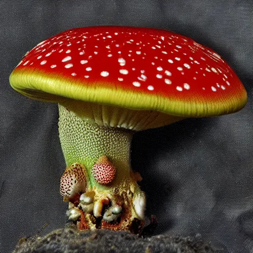 Image similar to an alien amanita muscaria mushroom with tentacles, unusual, high detail