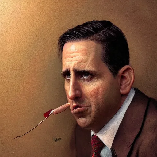 Image similar to hyper realistic, surreal, portrait of michael scott making silly absurd faces, painted by greg rutkowski, wlop, loish,