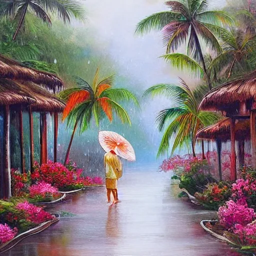 Image similar to monsoon on tropical island, attractive oriental native in white, frontal, ornate, beautiful, atmosphere, vibe, mist, coconuts, rain, wet, pristine, puddles, melting, dripping, snow, creek, lush, ice, bridge, forest, roses, flowers, oil painting by hans zatska