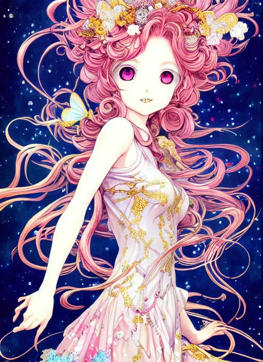 Image similar to exquisite imaginative manga poster of a fairy lady, long wavy hair, rococo dress, shimmering, by ayami kojima, shigenori soejima, minaba hideo,, jump comics, shogakukan, illustration, artstation, highly detailed, 8 k, fluorescent, maximalist