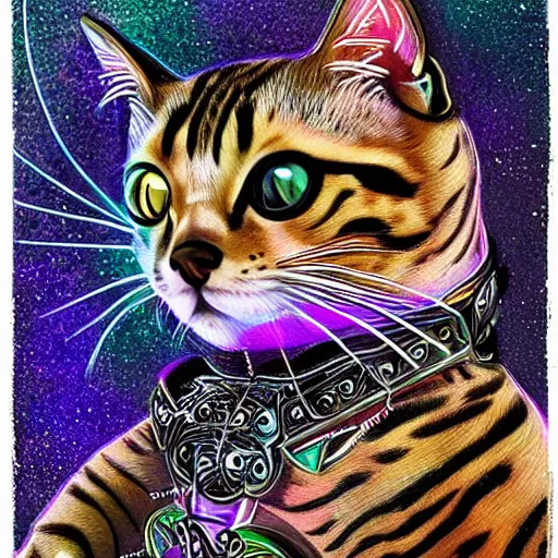 Prompt: Highly detailed portrait of a bengal cat wearing iridescent shimmering cosmic gothic ninja armor made of circuitry, epic scene