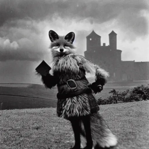 Prompt: anthropomorphic fox!! who is a medieval knight holding a swo - rd towards a s - tormy thundercloud [ 1 9 3 0 s film still ], ( castle in the background )