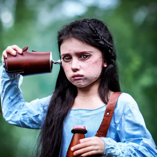 Image similar to a little blue-skinned girl with messy black hair sharp pointed ears freckles along the ridges of her cheeks drinking from a leather flask, dnd triton, high resolution film still, 4k, HDR colors