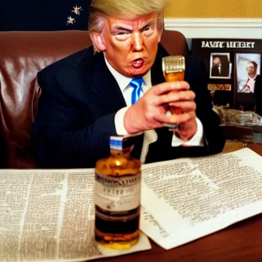 Prompt: Donal Trump drinking out of a bottle of whiskey, Oval Office, newspaper picture, realistic, close-up, pulitzer-prized photo, by Steve McCurry