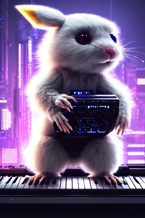 Image similar to high quality 3 d render very cute fluffy cyborg!! rat! plays keyboard, cyberpunk highly detailed, unreal engine cinematic smooth, in the style of blade runner & detective pikachu, hannah yata charlie immer, moody light, low angle, uhd 8 k, sharp focus