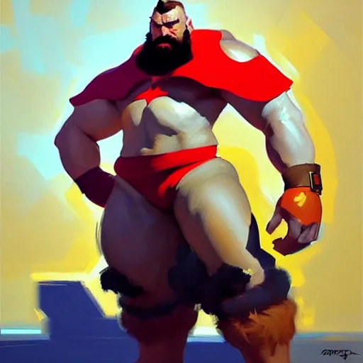 Prompt: Greg Manchess portrait painting of Zangief as Overwatch character, medium shot, asymmetrical, profile picture, Organic Painting, sunny day, Matte Painting, bold shapes, hard edges, street art, trending on artstation, by Huang Guangjian and Gil Elvgren and Sachin Teng