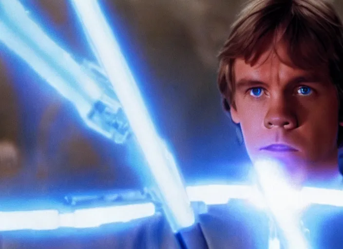 Image similar to screenshot from the lost star wars film, blue transparent hologram of Luke Skywalker, iconic scene from Star Wars, directed by Stanely Kubrick, moody cinematography, with anamorphic lenses, crisp, detailed, 4k