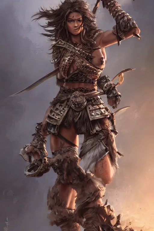Prompt: Female barbarian, heavy brown metallic armor, swords, gorgeous and beautiful, light brown messy hair, dark skin, brown eyes, detailed face, battle stance, high fantasy, extremely detailed, alone, DND, D&D, matte painting, by wlop and peter mohrbacher, trending on artstation, artstationHD, artstationHQ, cgsociety