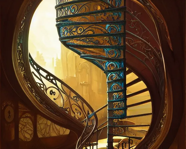 Image similar to spiral staircase leading to hope and glory, deep focus, d & d, fantasy, intricate, elegant, highly detailed, digital painting, artstation, concept art, matte, sharp focus, illustration, hearthstone, art by artgerm and greg rutkowski and alphonse mucha