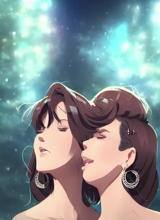 Image similar to two beautiful mothers taunting each other, gorgeous faces, beautiful earrings, smooth, thick lines, cinematic lighting, detailed anime art