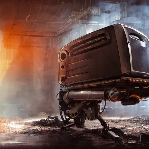 Image similar to head of toaster oven mecha, dark messy smoke - filled cluttered workshop, dark, dramatic lighting, orange tint, cinematic, highly detailed, sci - fi, futuristic, movie still