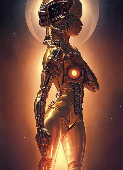 Image similar to psychoslayer, woman astronaut, intricate abstract. being entered by machine, portrait, highly detailed, deep focus, elegant, golden hour, elegant, highly detailed, digital painting, artstation, concept art, smooth, sharp focus, illustration, art by artgerm and greg rutkowski and alphonse mucha