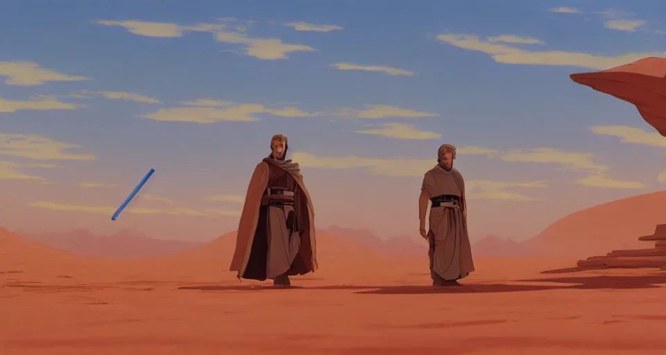 Image similar to beautiful wide shot tatooine landscape, obi wan kenobi and Luke skywalker in land-speeder, Star Wars a new hope 1977, studio ghibli, Miyazaki, Greg rutkowski, Alphonse mucha, Moebius , animation, golden hour, highly detailed, hdr, vivid color, 70mm