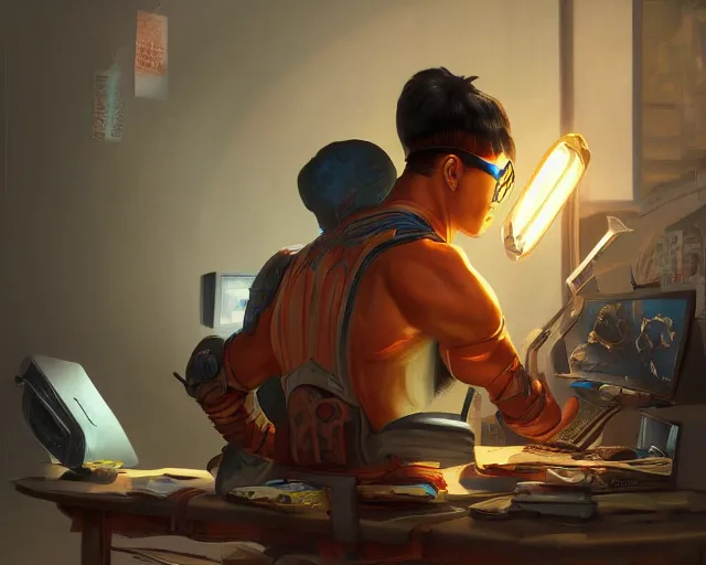 Image similar to an insanely detailed painting of a nerdy asian man wearing a superhero costume, sitting at a desk, staring at the nervously at the computer and typing, in the style of peter mohrbacher, dramatic lighting and composition, octane render, pixar, trending on artstation, concept art, comic book, view from behind