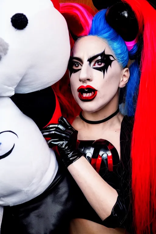 Image similar to scared lady gaga in harley quinn costume attacked by stuffed toy, luxury materials, symmetrical, cinematic, elegant, professional studio light, real dlsr photography, sharp focus, 4 k, ultra hd, sense of awe, high fashion